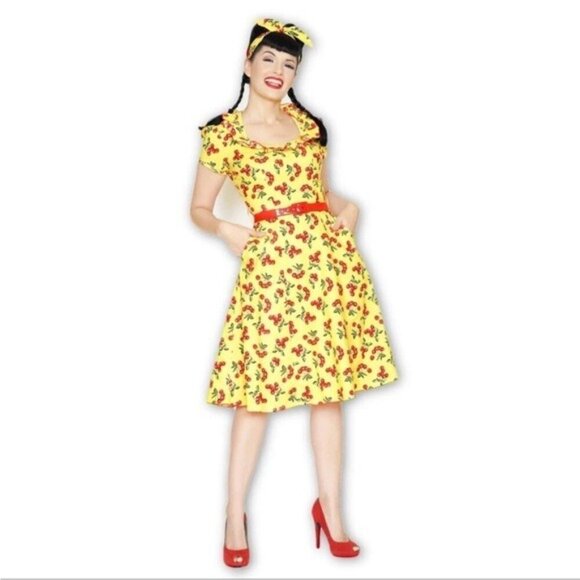Bernie Dexter Yellow Cherry Print Dress Small - 1940s Retro Rockabilly Pin-Up - Picture 13 of 14